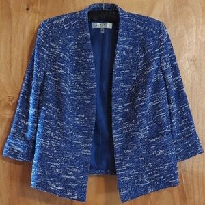 Kasper Womens ¾-Sleeve Open Front Bouclé Blazer Blue White Collarless Size 8P